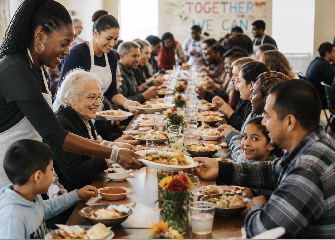Families of many backgrounds sharing a meal at a long community table while volunteers serve plates