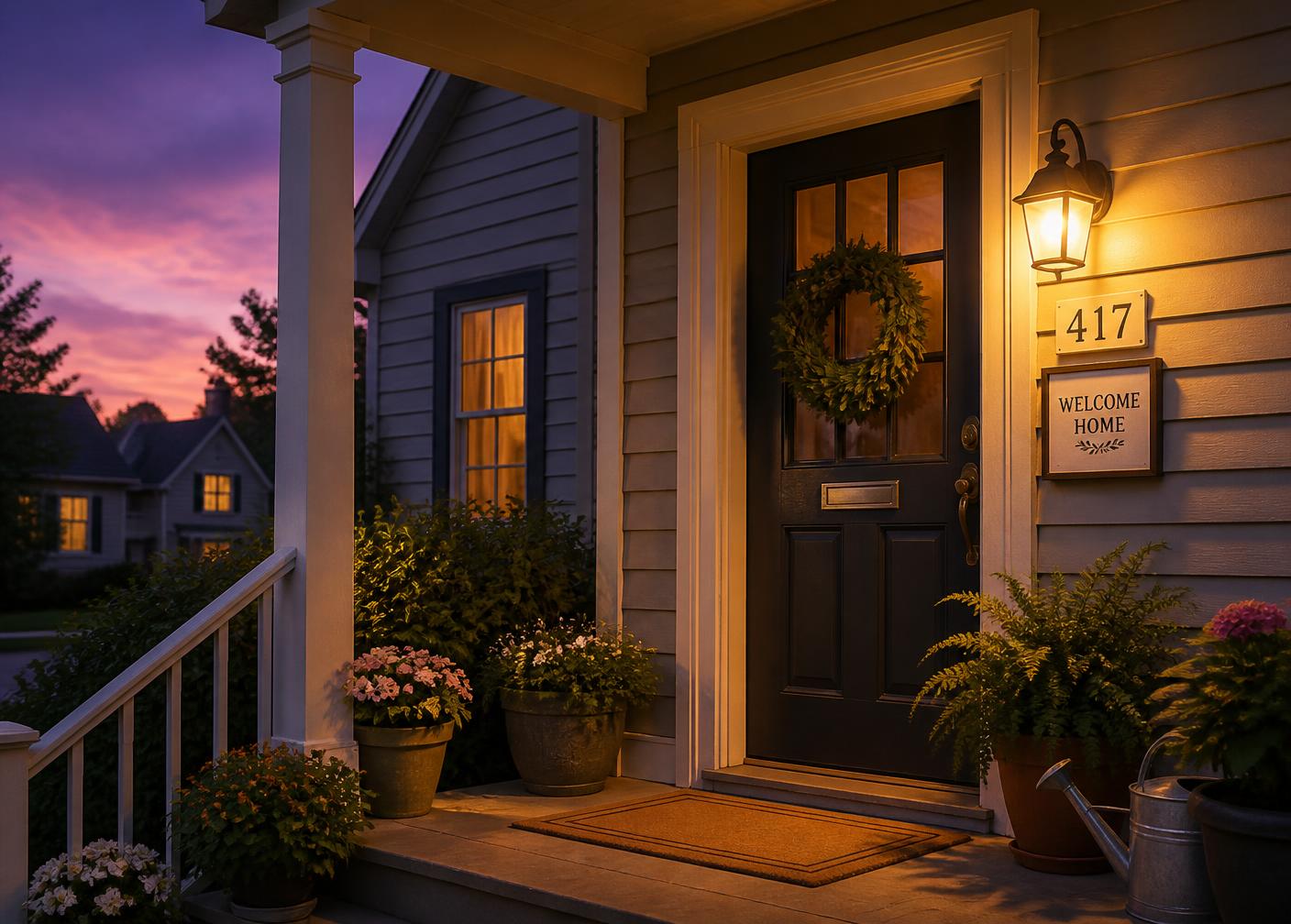 A welcoming home porch at dusk with a warm glowing porch light and lit window