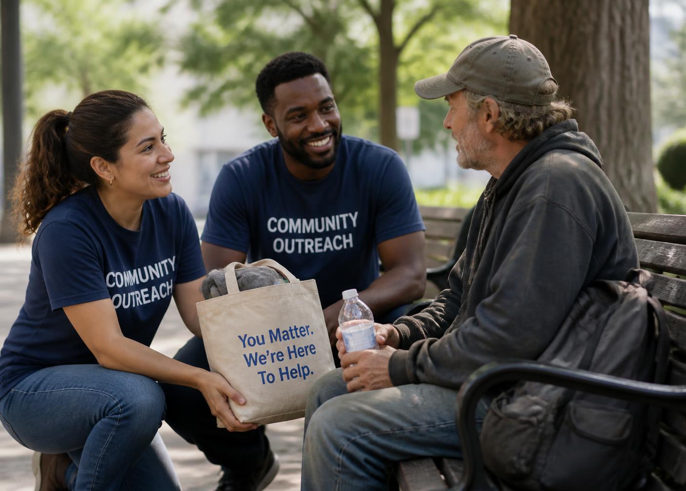 Two community outreach volunteers having a warm, respectful conversation with a man seated on a park bench