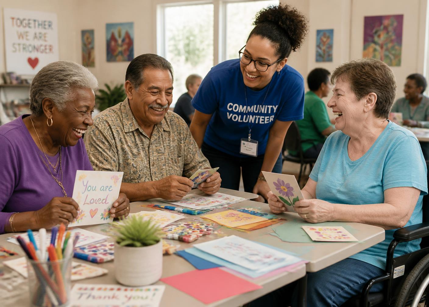 A senior man and a volunteer smiling during a community activity