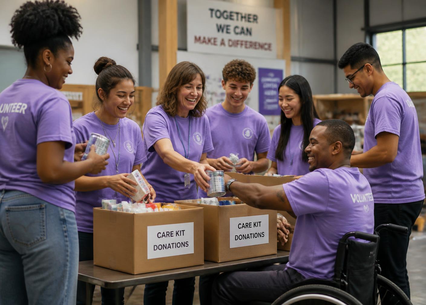 Volunteers laughing while packing community care boxes