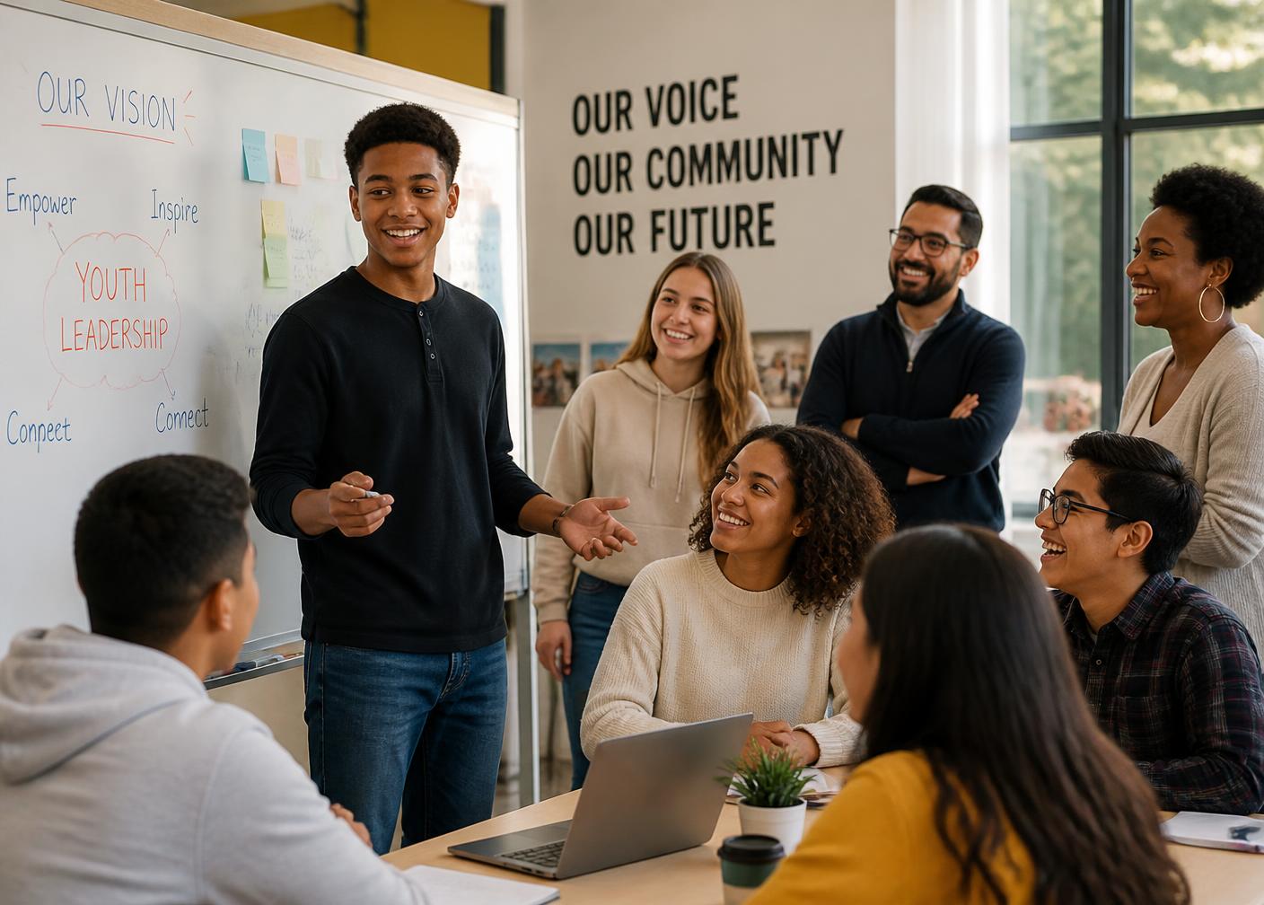A racially diverse group of teenagers and adult mentors collaborating on a leadership project, one teen presenting at a whiteboard
